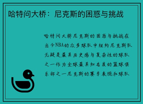 哈特问大桥：尼克斯的困惑与挑战