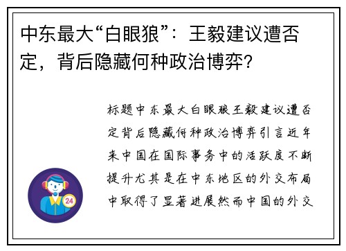 中东最大“白眼狼”：王毅建议遭否定，背后隐藏何种政治博弈？