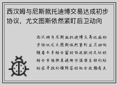 西汉姆与尼斯就托迪博交易达成初步协议，尤文图斯依然紧盯后卫动向
