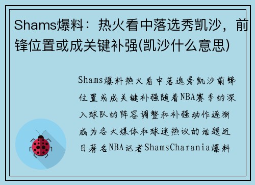 Shams爆料：热火看中落选秀凯沙，前锋位置或成关键补强(凯沙什么意思)