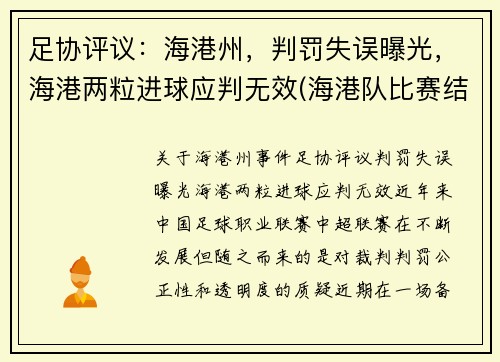 足协评议：海港州，判罚失误曝光，海港两粒进球应判无效(海港队比赛结果)