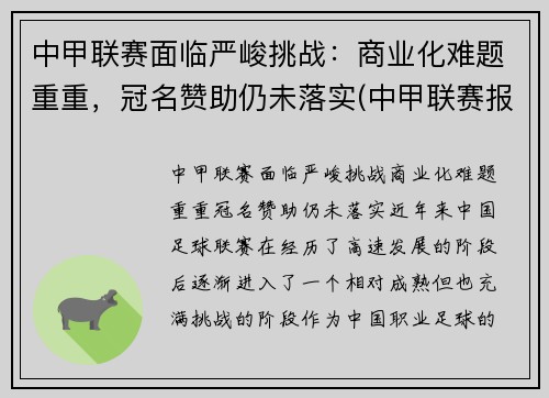 中甲联赛面临严峻挑战：商业化难题重重，冠名赞助仍未落实(中甲联赛报道)