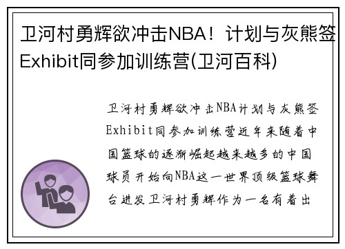 卫河村勇辉欲冲击NBA！计划与灰熊签Exhibit同参加训练营(卫河百科)